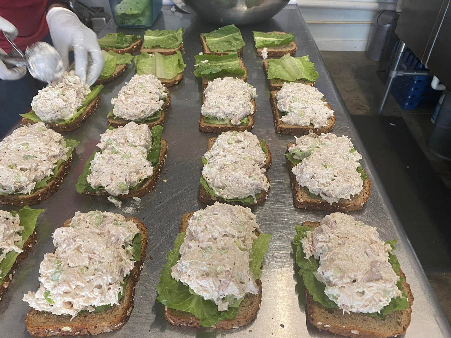 Gloved hands topping rows of chicken salad toasts for a platter